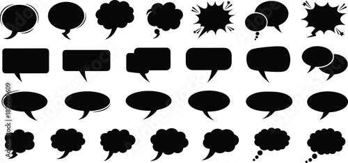 Speech bubble, thought bubble, comic icon, dialogue shape, black silhouette, graphic element, cartoon design, communication, vector, isolated, set, blank, empty, comic book, talk, thinking