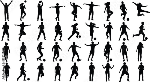 Soccer silhouette, athlete action, football movement, dynamic pose, sports icon, kicking ball, running player, black figure, energetic motion, celebration