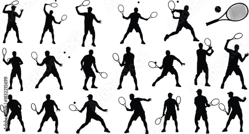 Tennis silhouette, player action, racket swing, serve motion, sports posture, black figure, dynamic pose, athletic movement, game moment, isolated background