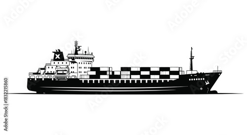 a detailed black and white image of a cargo ship with a checkered hull silhouette