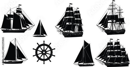 Vintage sailing ships, nautical vector icons, maritime illustration, ocean travel, ship wheel, historical sailboats, sea adventure, black blue silhouette