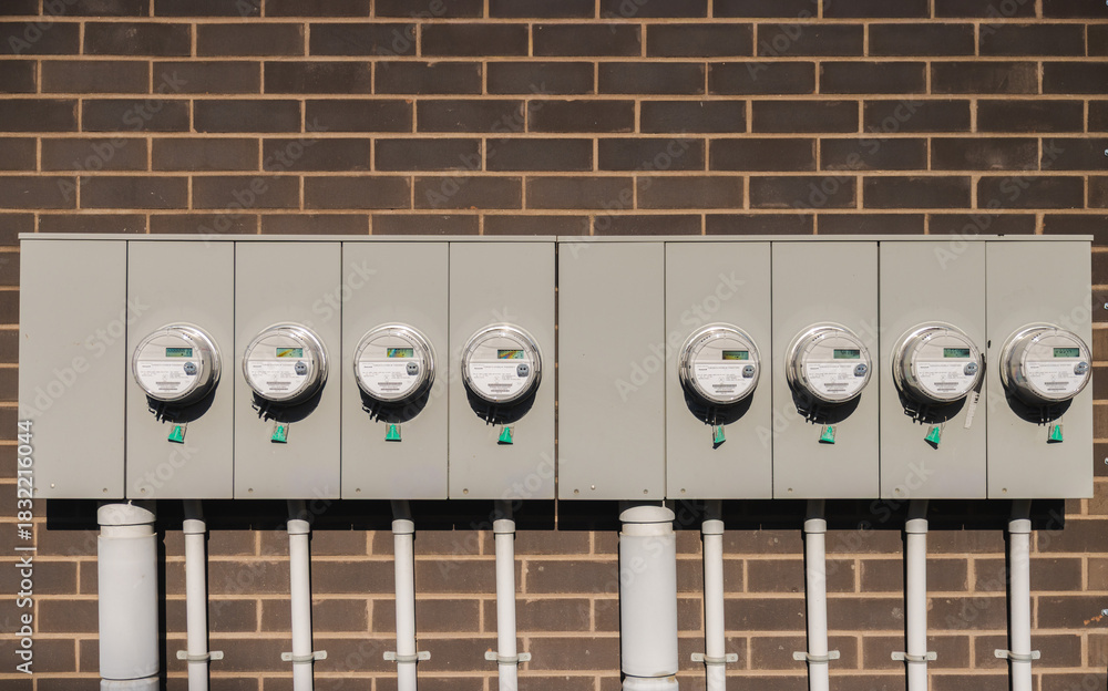 Fototapeta premium Row of modern electric utility meters on brick wall for residential energy measurement