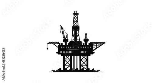 Detailed depiction of an offshore oil rig structure industrial equipment and platform in black silhouette