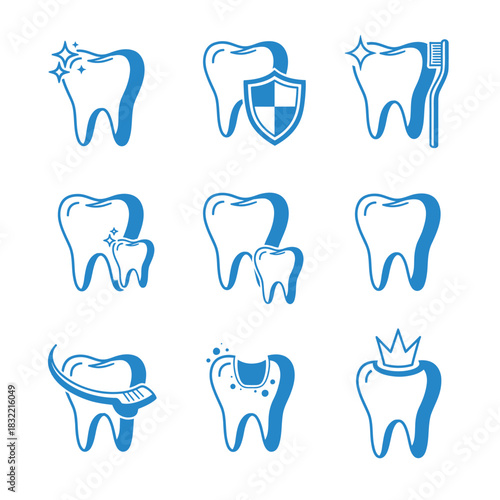 Collection of dental care icons featuring teeth toothbrush and protection