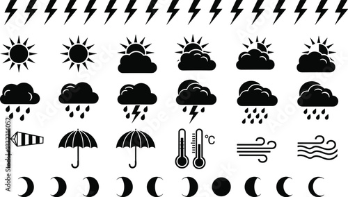 Weather icons, forecast symbols, climate graphics, atmospheric conditions, moon phases, storm clouds, sun and rain, wind indicators, meteorology visuals, UI elements