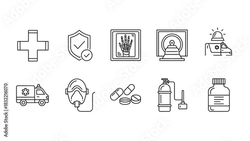 Medical health hospital emergency ambulance oxygen mask x ray pills medicine safety icons vector illustration