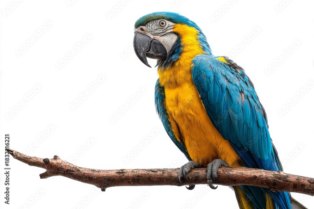 Fototapeta premium Colorful Parrot Standing Proudly on a Branch Isolated Against a White Background for Nature and Wildlife Photography