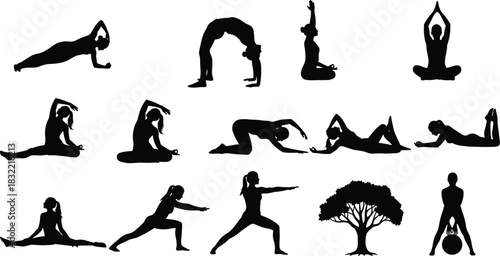 Yoga silhouettes, fitness poses, meditation postures, stretching exercises, wellness icons, black figures, balance training, body movement, healthy lifestyle, vector art
