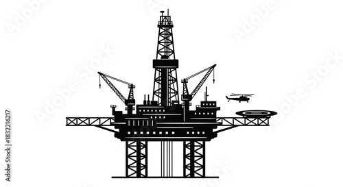 Detailed depiction of an offshore oil and gas platform with a helicopter silhouette