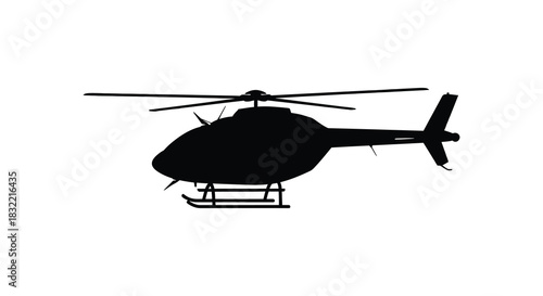A striking black helicopter in flight against a white background a dramatic silhouette