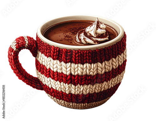 Cozy hot chocolate mug wrapped in red and white knitted cover on a transparent background