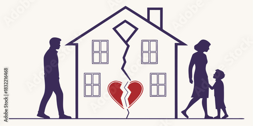 Family separation concept with broken house, heartbreak and silhouettes of man, woman and child, representing divorce, loss, and emotional distress in relationships