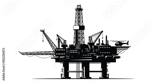 Complex offshore oil rig structure with a helicopter depicted in stark black silhouette