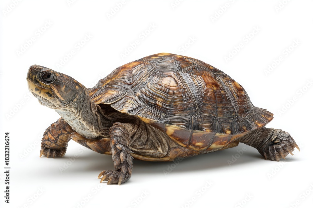 Obraz premium A Close-Up of a Turtle Walking Slowly Against a White Backdrop with Detailed Shell Texture