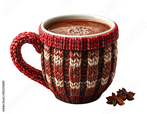 Hot chocolate mug with red and brown knitted cover and spice accents on a transparent background