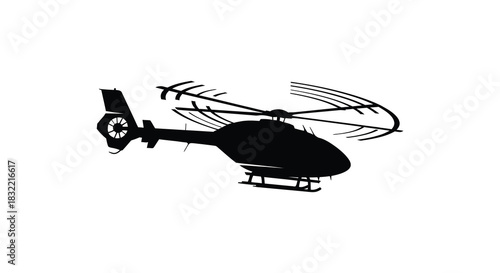 A striking black helicopter design is showcased in a minimalist aerial view silhouette
