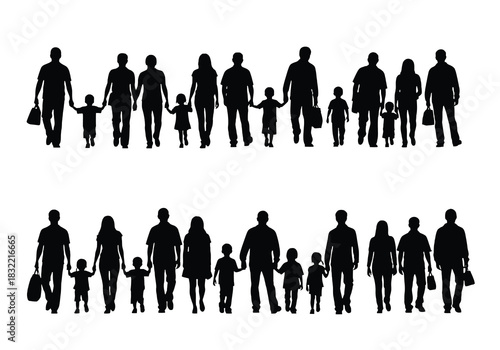 Silhouettes of families walking together representing unity and togetherness