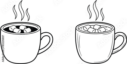 Hot Chocolate Mug with Marshmallows Outline Vector Set, Cozy Winter Drink and Festive Beverage Line Art