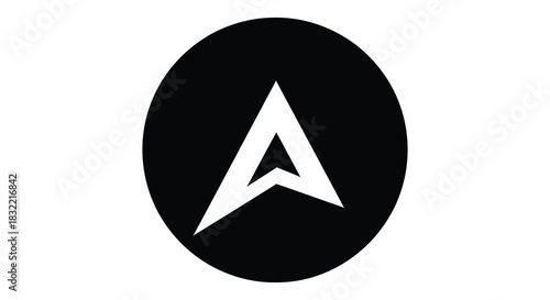 A striking black circle with a prominent white triangular shape inside a bold silhouette