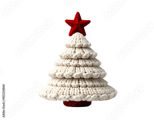 Knitted Christmas tree in cream wool with red star topper on a transparent background