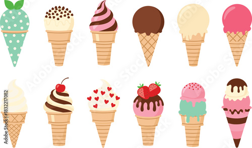 Colorful Vector Set of Ice Cream Cones, Sundaes, Sweets, and Dessert Treats