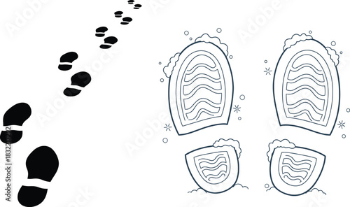 Vector Set of Footprints and Shoe Tracks in Snow, Winter Trail, Delivery, and Mystery Clues