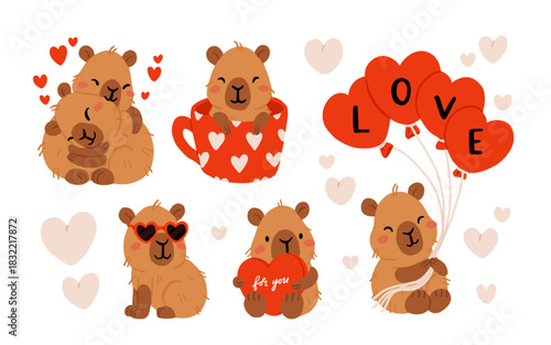 Cute Valentines Day capybara clipart set with heart balloons, romantic couple, capybara in cup, kawaii animals with hearts, love messages, adorable characters for cards, stickers and print