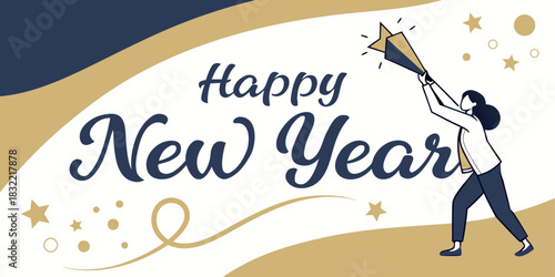 Happy New Year Illustration – Confetti Cannon, Stars & Script Typography in Navy-Gold on Flowing White Background
