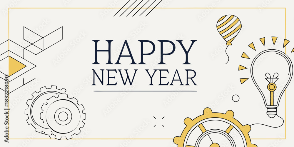 Fototapeta premium Happy New Year Illustration – Light Bulb, Gears & Hot Air Balloon in Gold-Gray Modern Celebration Theme