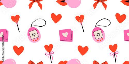 Valentines day elements vector seamless pattern. Gifts, envelope, heart, dessert, messages, candies, locks and other traditional decorations. Cartoon doodle style.