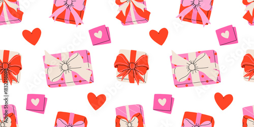 Valentines day elements vector seamless pattern. Gifts, envelope, heart, dessert, messages, candies, locks and other traditional decorations. Cartoon doodle style.