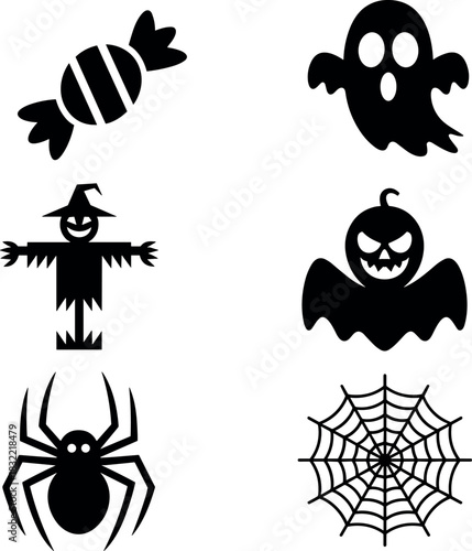 Black Halloween Icons Candy Ghost Scarecrow Spider Web