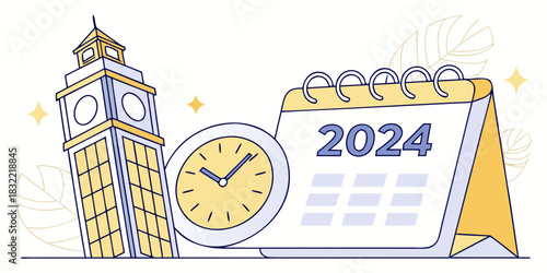 Timely Happy New Year Greeting Card with Clock Tower, Round Clock, and 2024 Desk Calendar