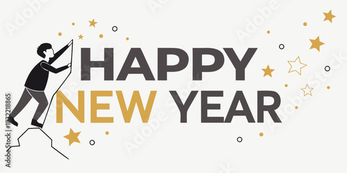 Ambitious Happy New Year Greeting Card with Rock Climber Illustration and Gold-Black Festive Accents