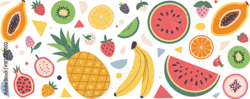 Colorful tropical fruit pattern illustration, vibrant summer design, fresh juicy fruits artwork, modern playful composition