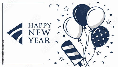 Festive Happy New Year Greeting Card with Balloons, Party Popper, and Geometric Ribbon Design