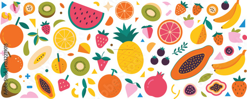 Colorful fruit pattern illustration, tropical fresh fruits collection, vibrant summer design, modern healthy food artwork