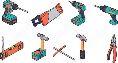 Isometric Handyman and DIY Tool Kit Vector Illustration, Featuring Power Drills, Hammer, Saw, Pliers, and Level for Home Renovation and Construction Projects, Teal and Orange Design