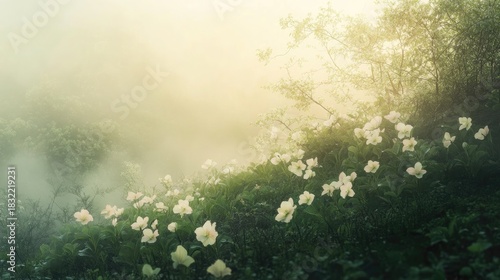 A misty hillside with pastel hellebores peeking out of the underbrush