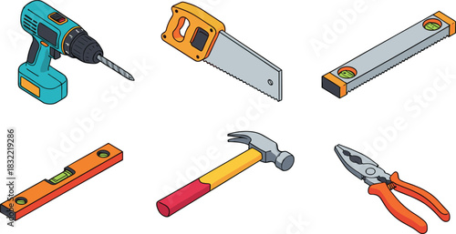 Collection of essential hand tools and power tools for construction, repair, home improvement and DIY projects displayed on clean white background