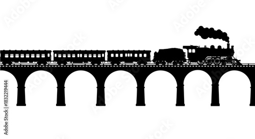 Silhouette of a steam train on a viaduct black and white vector illustration isolated on white background