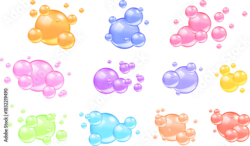 Glossy colorful pink collagen bubbles on white background with cosmetic serum and bubble gum effect.