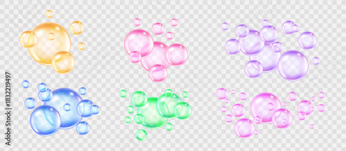 Transparent pink collagen serum bubbles on transparent background with realistic skincare essence.