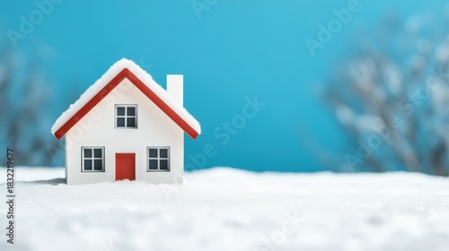 Miniature house with snow on its red roof, standing in a field of fresh white snow against a clear blue sky