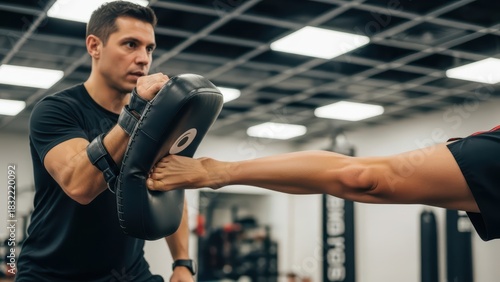 Male trainer instructing martial arts kick in gym