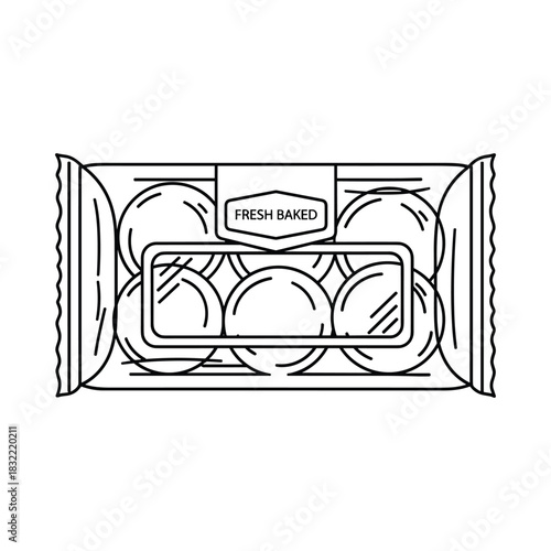Hand drawn sketch of a package of round cookies or biscuits in a clear wrapper