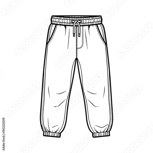 Hand drawn sketch of comfortable jogger pants with elastic waistband and drawstring