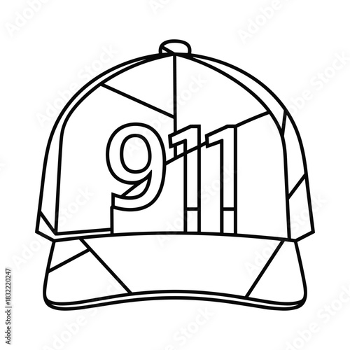 Line art illustration of a baseball cap with the number 911 on the front