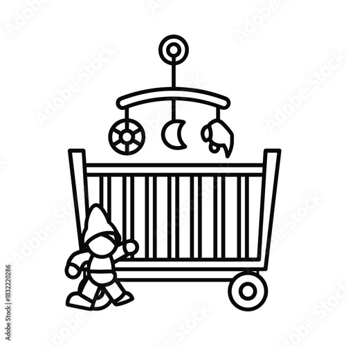 Simple line drawing of a baby crib with a mobile and a toy gnome