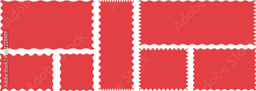 Red silhouette scalloped frames. Geometric shapes stickers with zigzag wavy edge. Set of frames with zigzag edge, scallop edge shape.